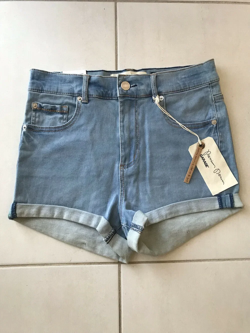 Garage  Retro High Waist Cuffed Soft Stretch Denim Shorts
